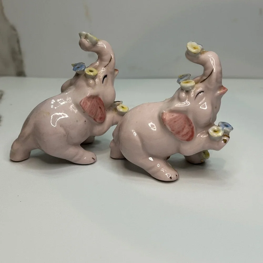 Vintage Pink Elephant Salt and Pepper Shakers Japan Ceramic Floral Gold Trim